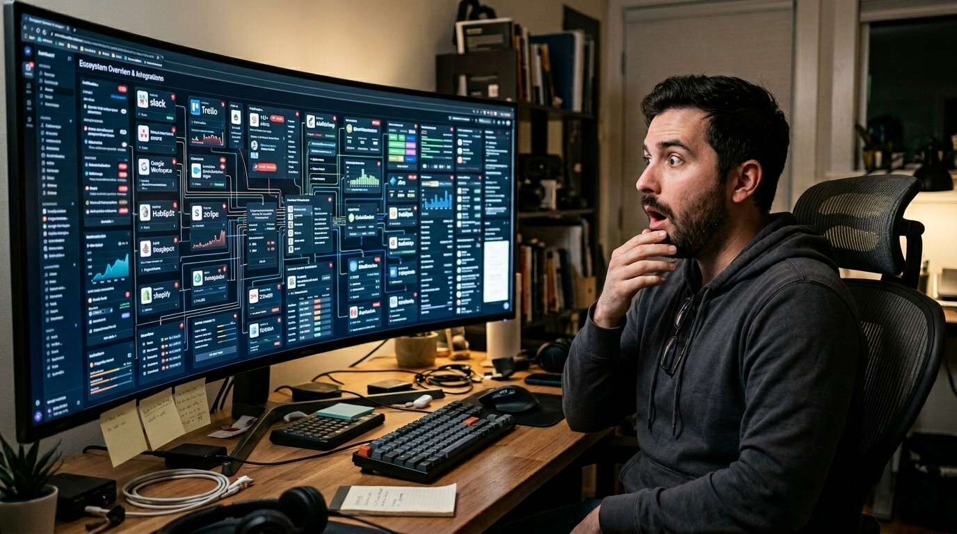 Man in a hoodie looking surprised at a large curved monitor displaying a complex dashboard with Slack, Trello, and Shopify integrations.