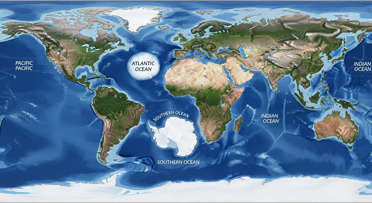 World map showing continents and labeled oceans: Pacific, Atlantic, Southern, and Indian Oceans.