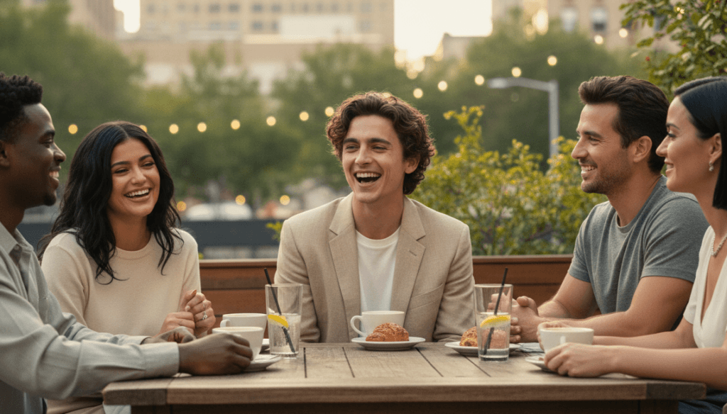 Five diverse friends smiling and chatting around a wooden table with coffee and croissants outdoors.