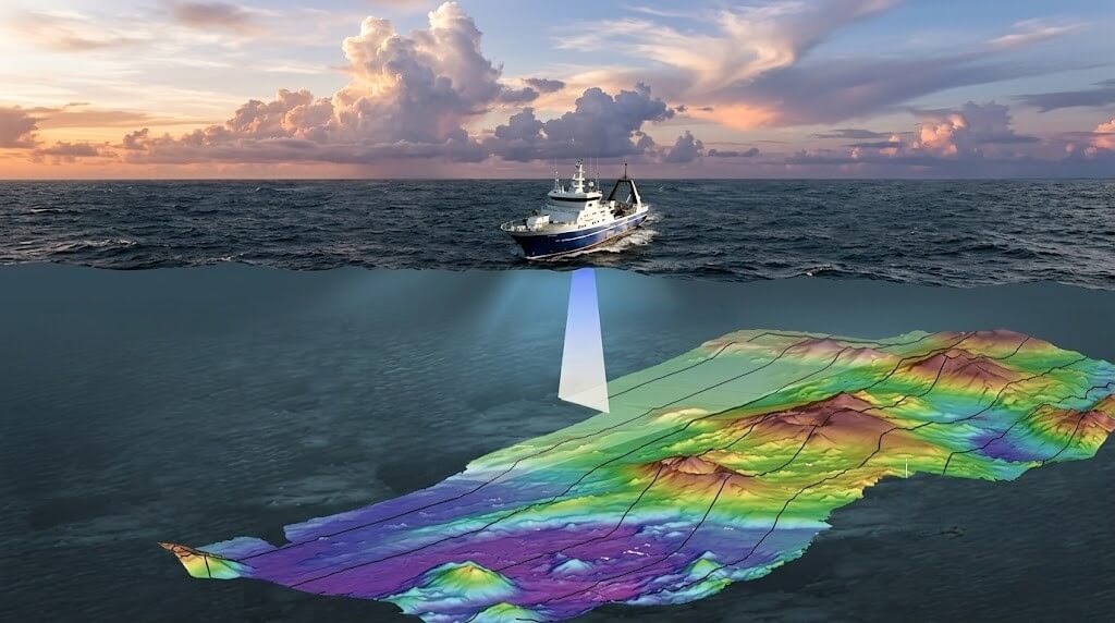 Research vessel mapping underwater terrain with sonar technology at sea during sunset