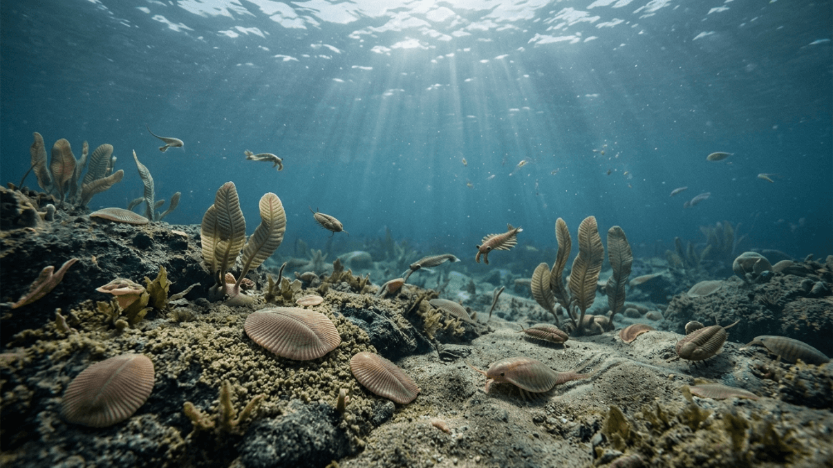 Underwater scene of ancient marine life with trilobites and sea plants on the ocean floor illuminated by sunlight rays