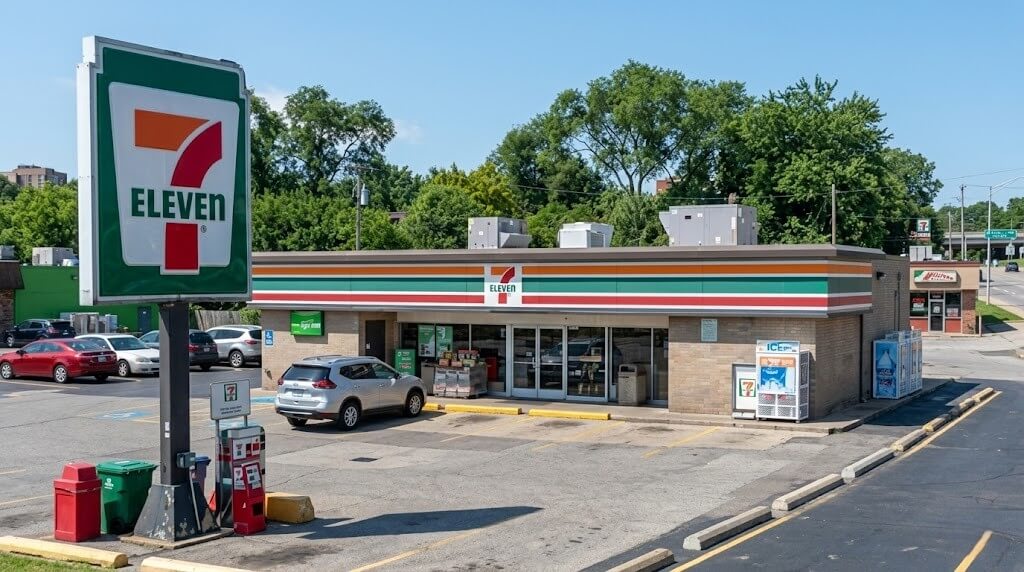 7-Eleven convenience store with parked cars and large branded sign in a suburban area
