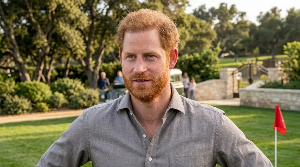 Prince Harry standing outdoors in a gray shirt with greenery and a red flag in the background.