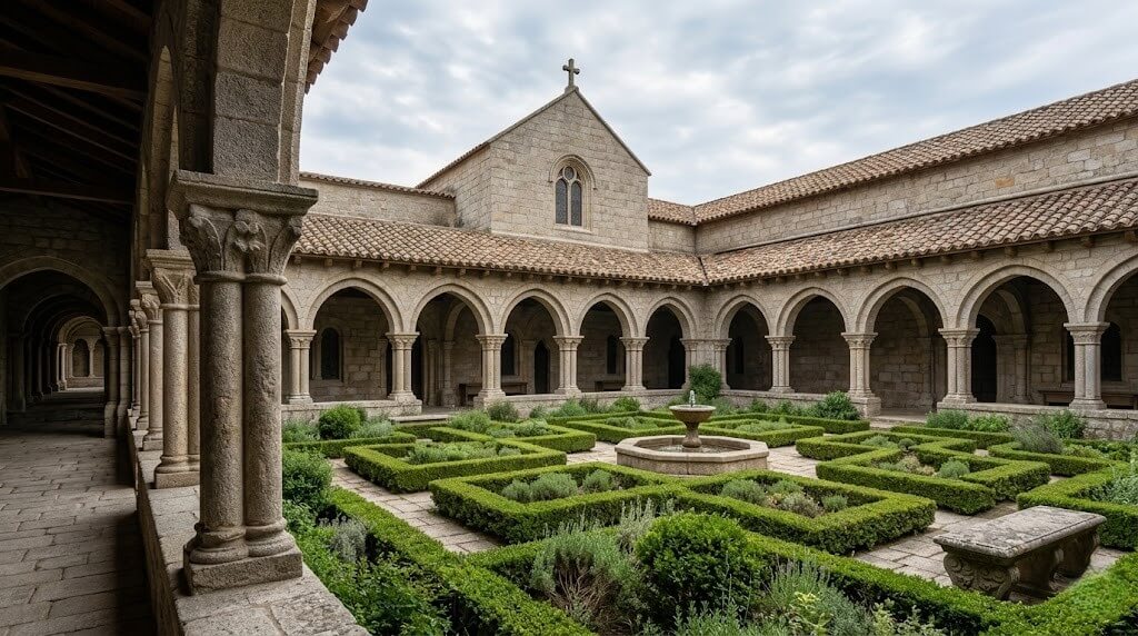 Medieval stone cloister with arched walkways surrounding a manicured garden and central fountain under a cloudy sky.