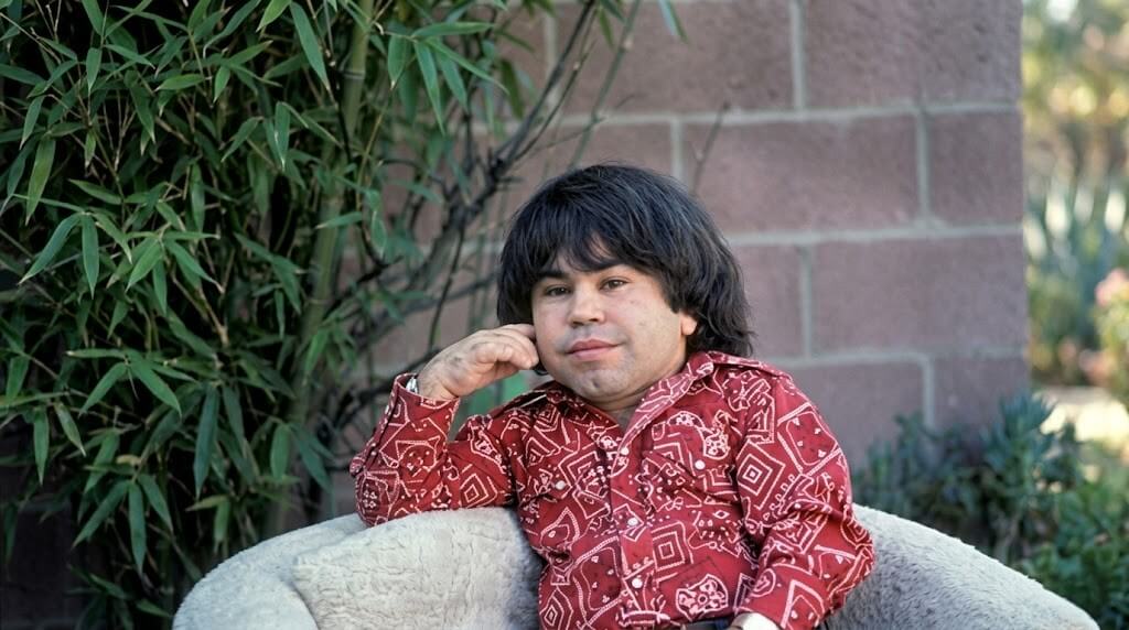 Man with dark hair wearing a red patterned shirt sitting on a white cushioned chair outdoors near plants and a brick wall