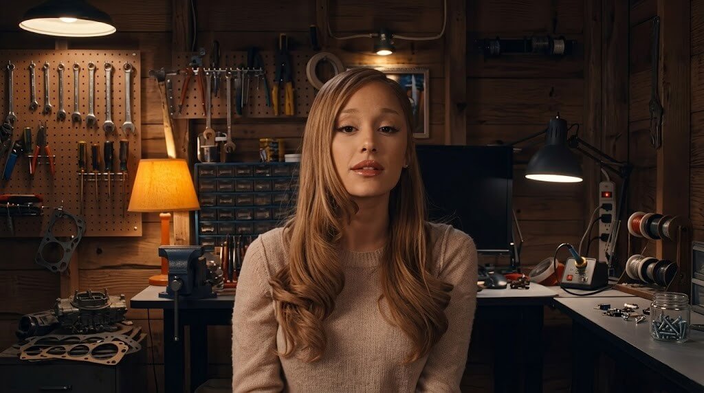 Young woman with long hair sitting in a workshop surrounded by tools and equipment under warm lighting
