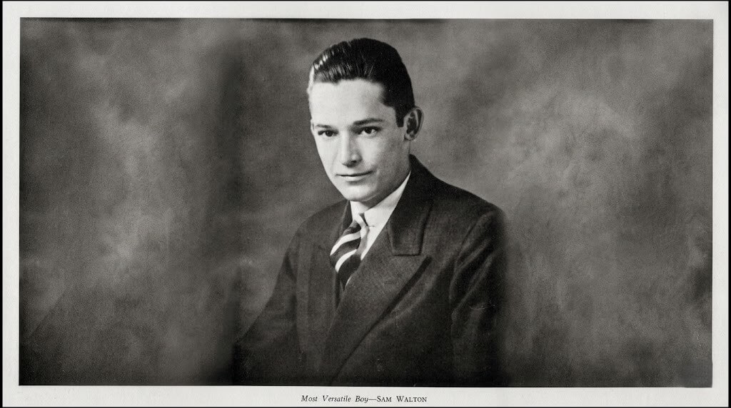 Black and white portrait of young Sam Walton in a suit and striped tie labeled "Most Versatile Boy"