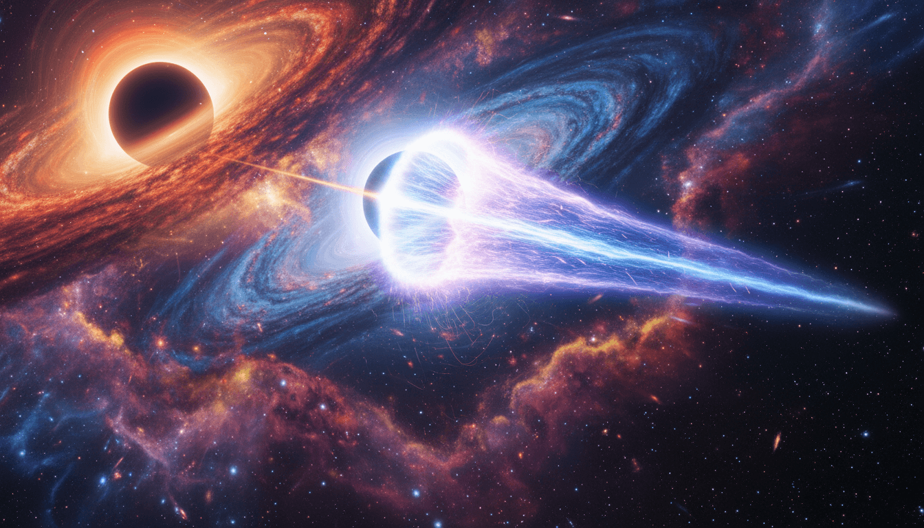 Two black holes emitting energy beams and surrounded by colorful swirling galaxies in space