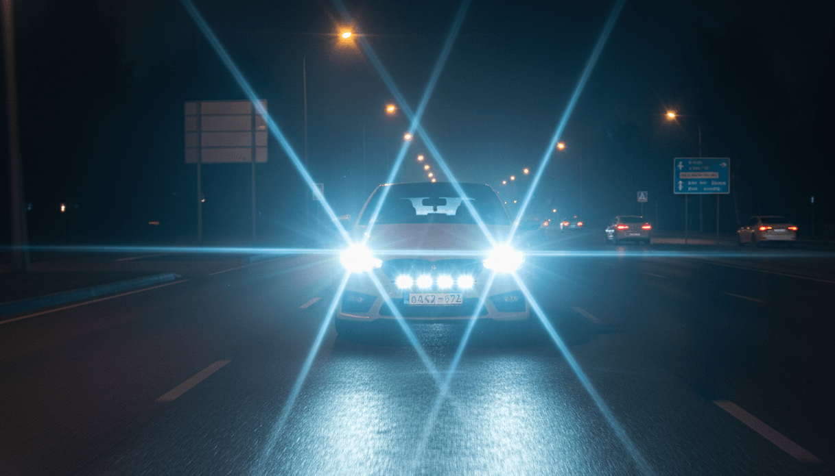 Car with bright headlights driving on a multi-lane road at night with streetlights and traffic signs visible
