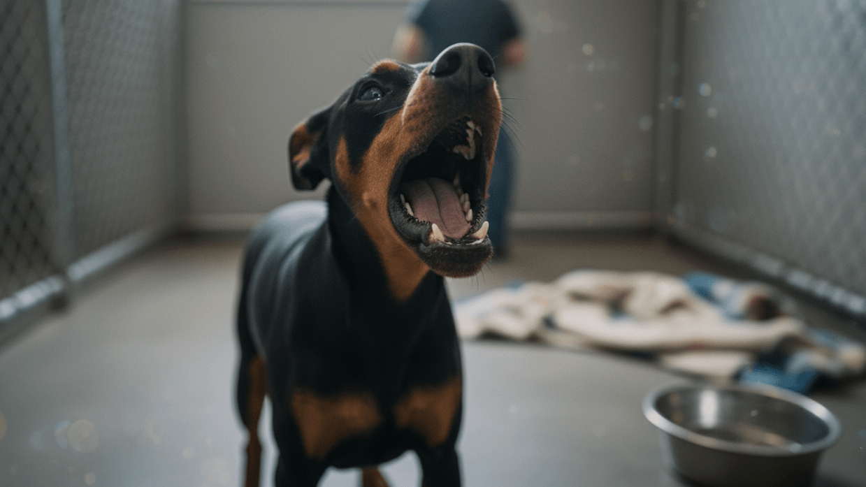 Doberman dog barking inside a kennel with a water bowl and blanket in the background