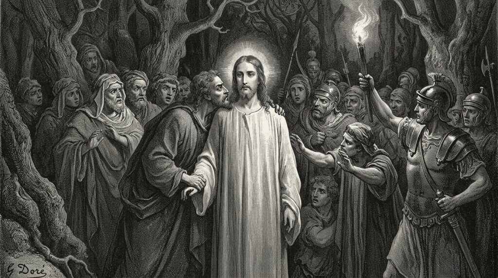 Jesus being betrayed by Judas with a kiss while soldiers and followers surround them in a dark forest.