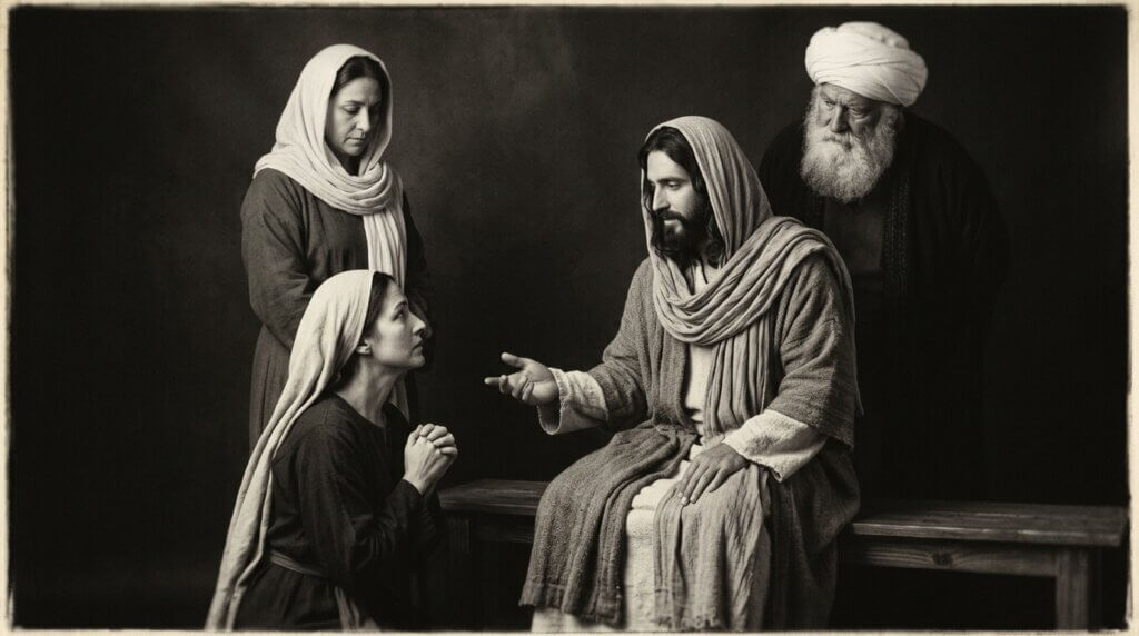 Jesus seated on a bench speaking to a kneeling woman with two other figures observing in traditional biblical clothing