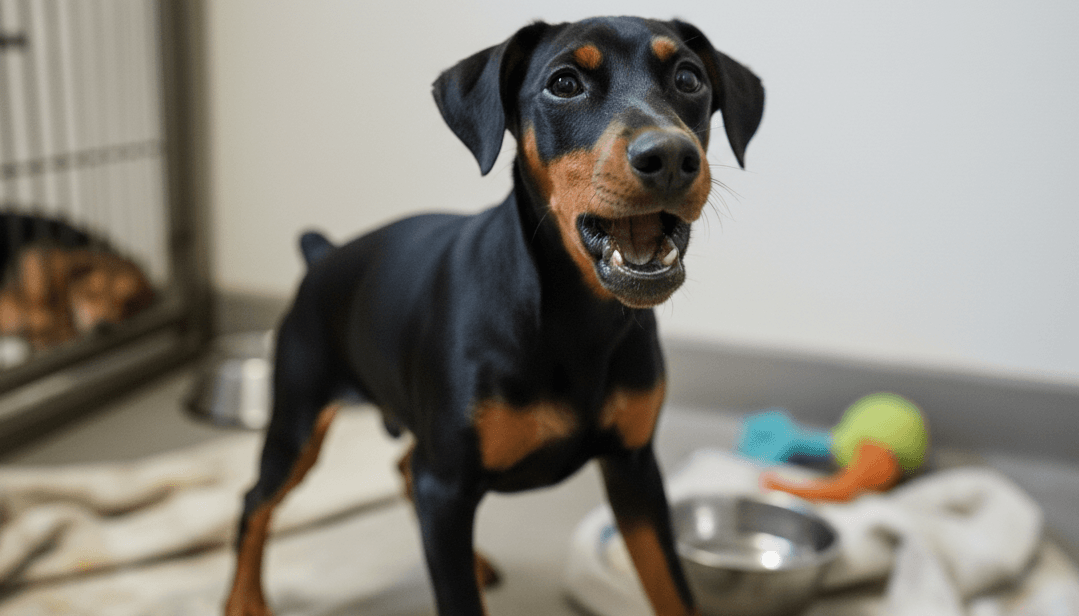 Black and tan Doberman puppy standing indoors near dog toys and a water bowl.