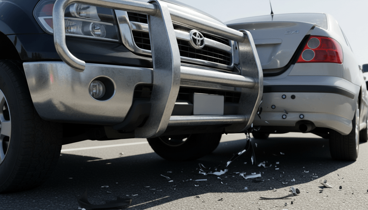 Front of a black Toyota truck colliding with the rear of a silver BMW 3 Series 2.4 sedan with debris on the road.