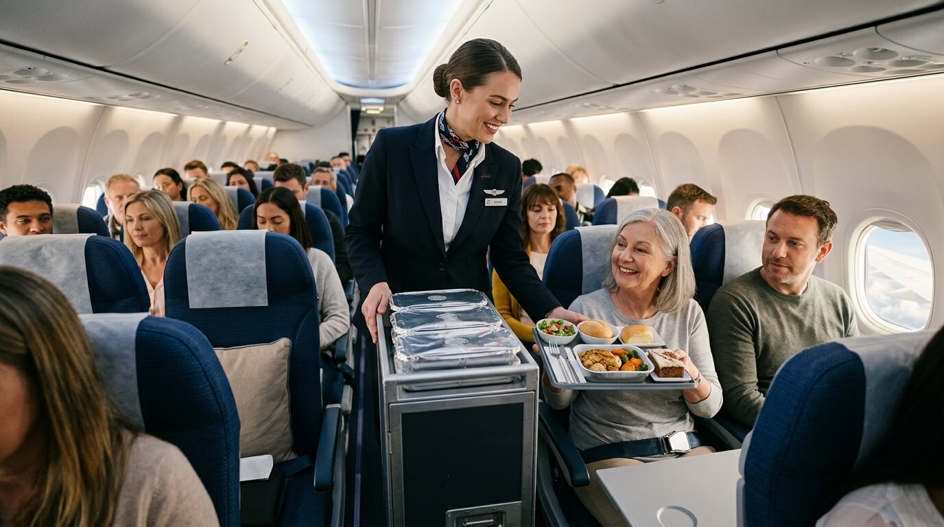 Flight attendant serving a meal tray to a smiling elderly woman on a commercial airplane.