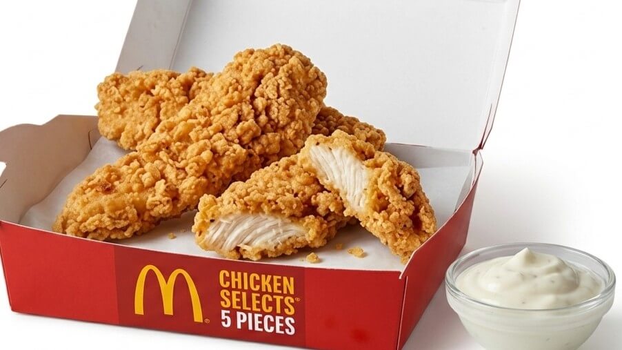 McDonald's Chicken Selects 5 pieces with dipping sauce in a red box