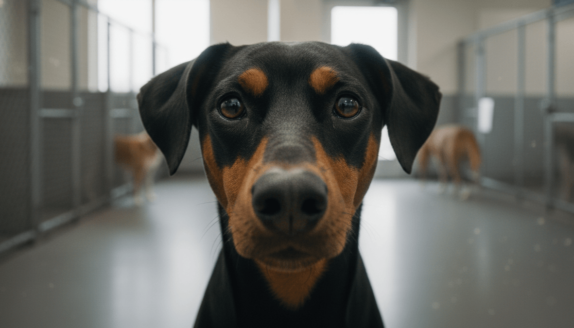 Close-up of a black and tan Doberman dog inside a kennel with other dogs in the background.