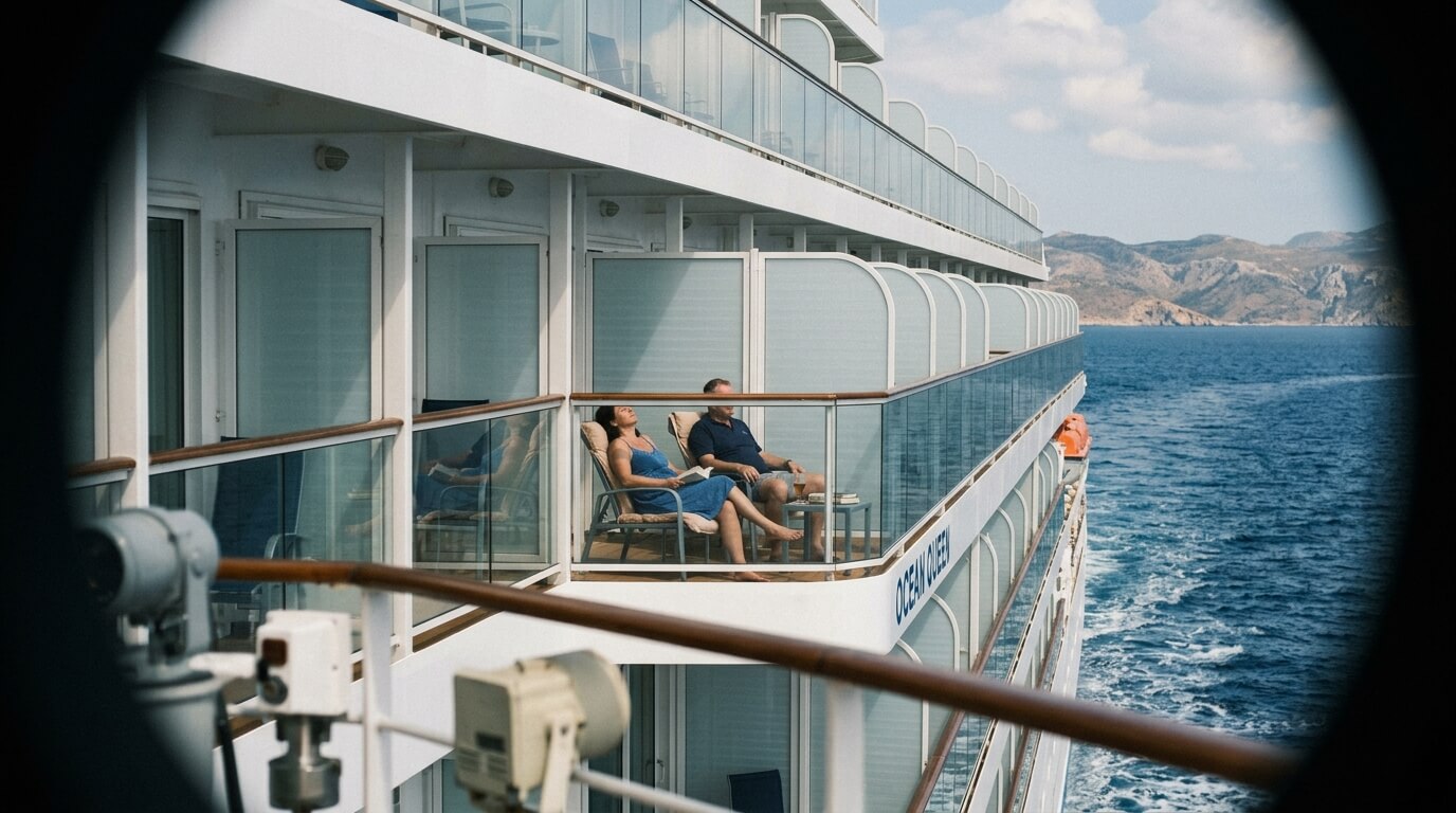 Two people relaxing on a balcony of the Ocean Queen cruise ship with ocean and mountains in the background.