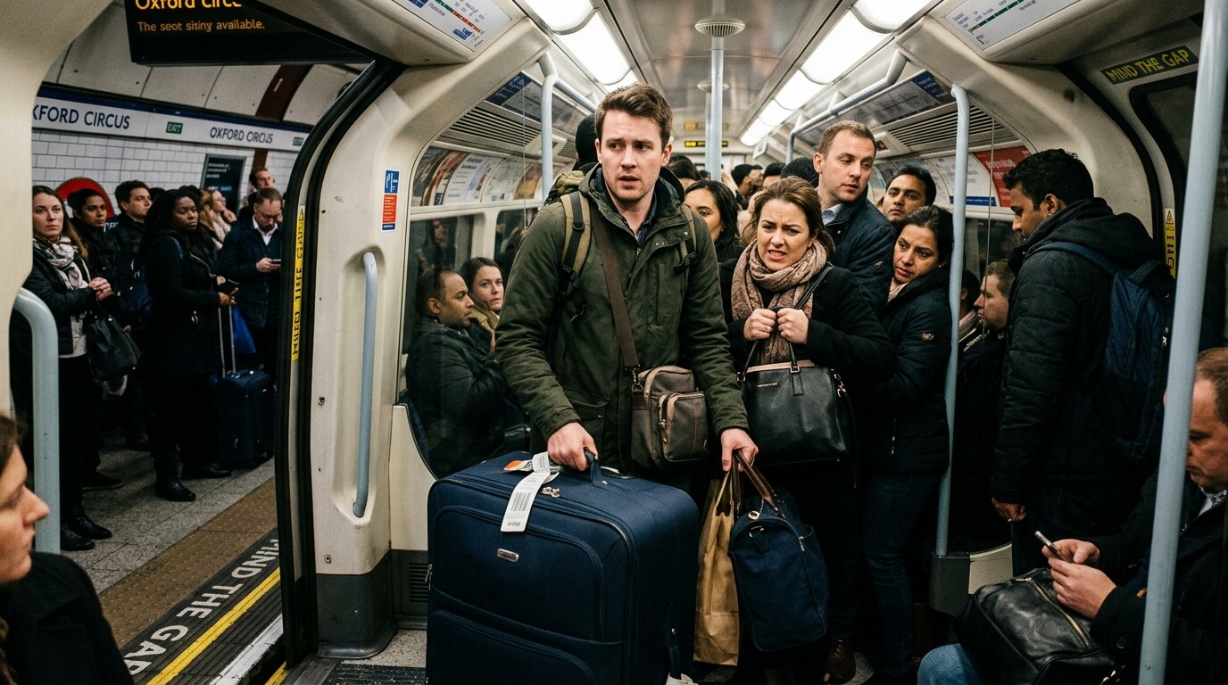 Crowded London Underground train at Oxford Circus with passengers standing and sitting, one man holding large suitcase.