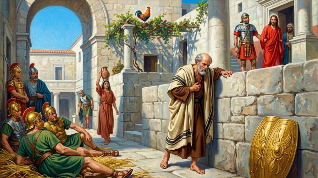 Jesus in red robe being led by Roman soldiers past a barefoot man leaning on a stone wall in an ancient city street.