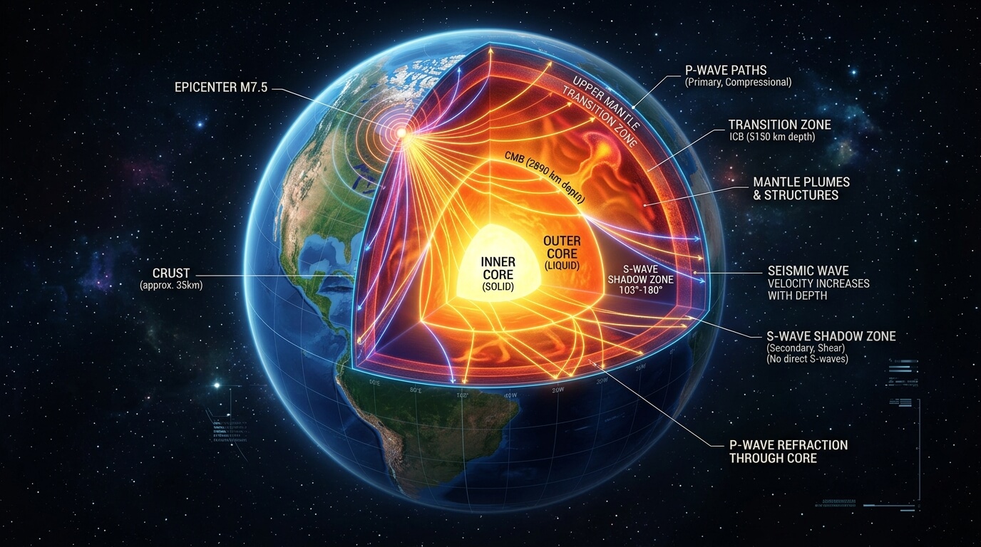 Cutaway of Earth showing crust, mantle, outer core, inner core, seismic wave paths, and earthquake epicenter M7.5.