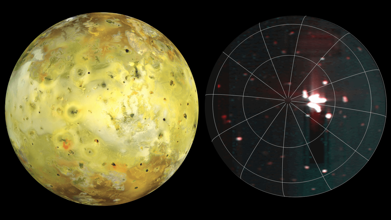 Jupiter's moon Io with a thermal map showing volcanic hotspots on the right side.