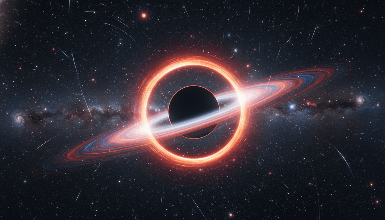 Black hole with glowing orange accretion ring and bright blue gas ring in a star-filled galaxy background