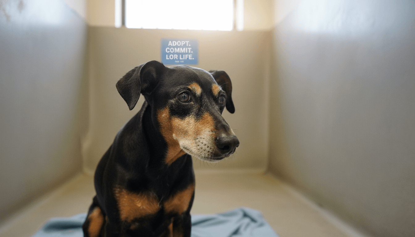 Black and tan dog sitting in a kennel with a sign behind reading "Adopt. Commit. For Life."