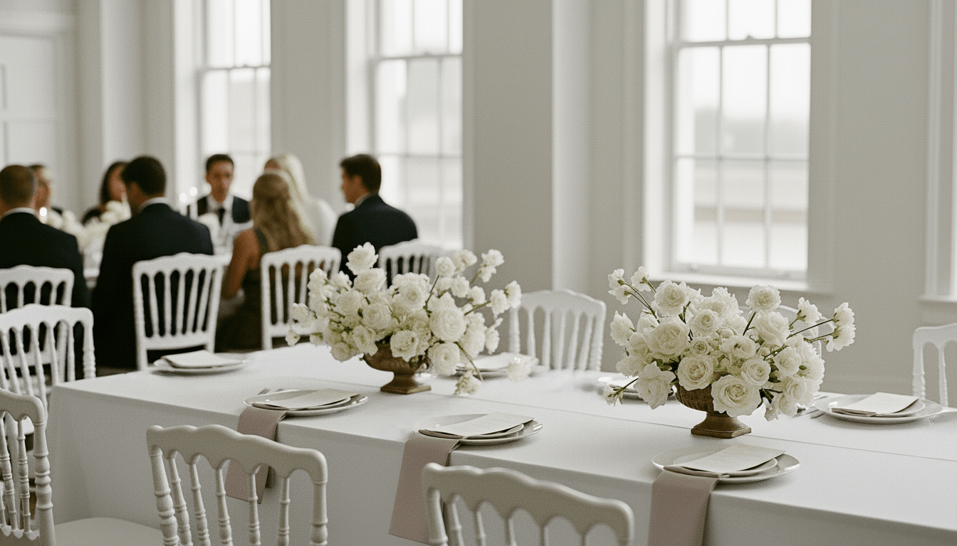 White floral centerpieces on a long table set for a formal event with guests seated in the background