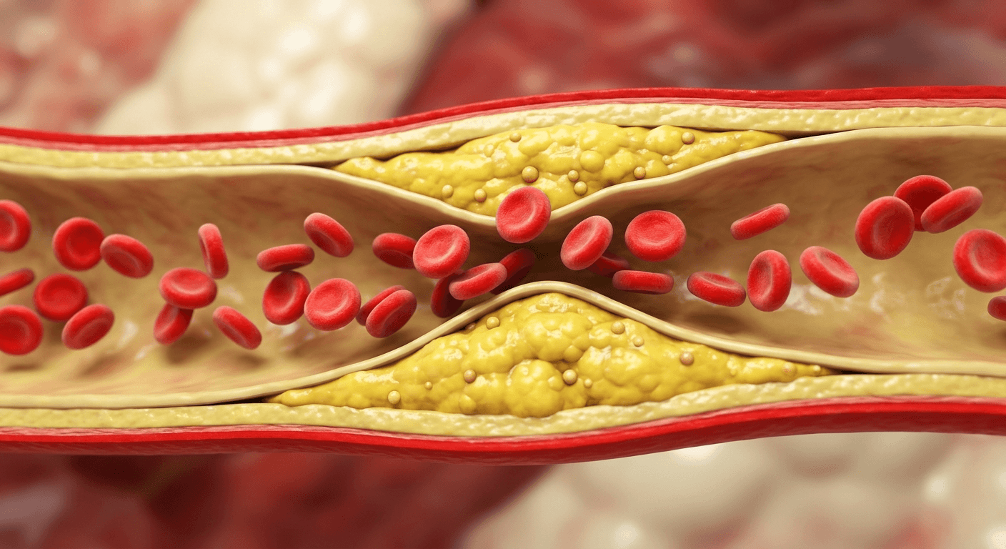 Cross-section of an artery showing plaque buildup narrowing the blood vessel with red blood cells flowing through.