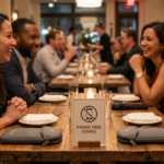 People laughing and dining at a restaurant table with a "Phone Free Dining" sign and phone pouches.