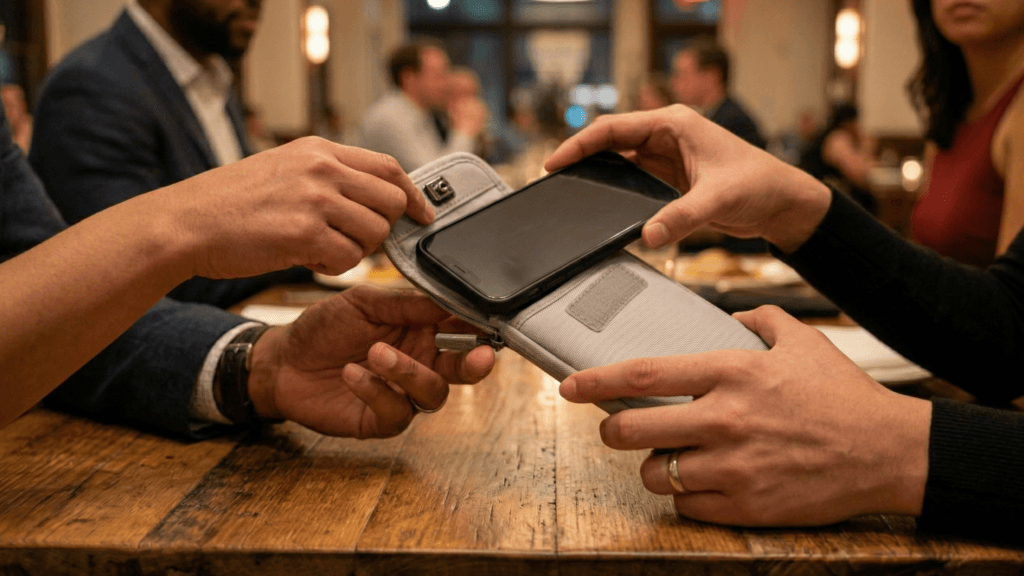 Hands placing a smartphone into a gray pouch on a wooden table in a restaurant setting.