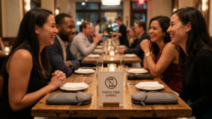 People laughing and dining at a restaurant table with a "Phone Free Dining" sign and phone pouches.