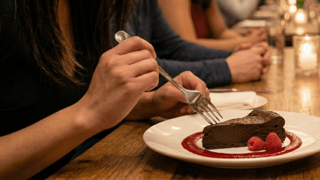 Person holding a fork about to eat a slice of chocolate cake with raspberry sauce and fresh raspberries on a white plate