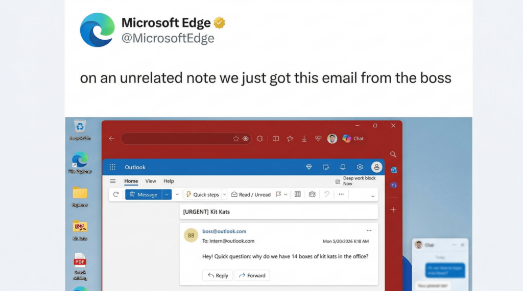 Microsoft Edge tweet showing an Outlook email from boss asking why there are 14 boxes of Kit Kats in the office.