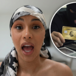 Woman with headscarf looking shocked with inset of masked thief holding an American Express credit card near a laptop