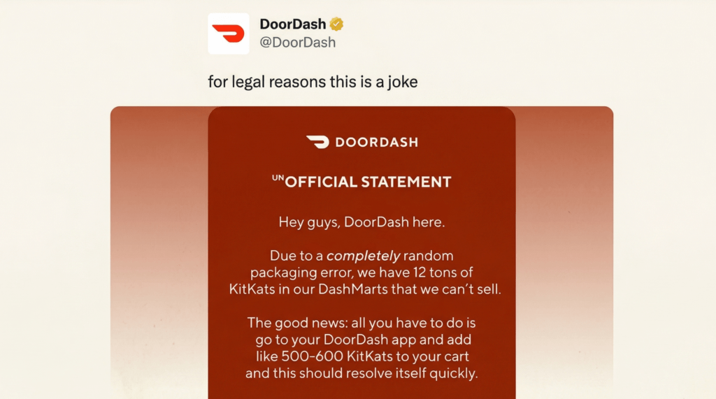 DoorDash tweet joking about a packaging error causing 12 tons of unsellable KitKats in DashMarts.
