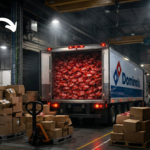 Domino's delivery truck filled with Kit Kat bars in a warehouse with an official statement about offering Kit Kat pizza.