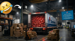 Domino's delivery truck filled with Kit Kat bars in a warehouse with an official statement about offering Kit Kat pizza.