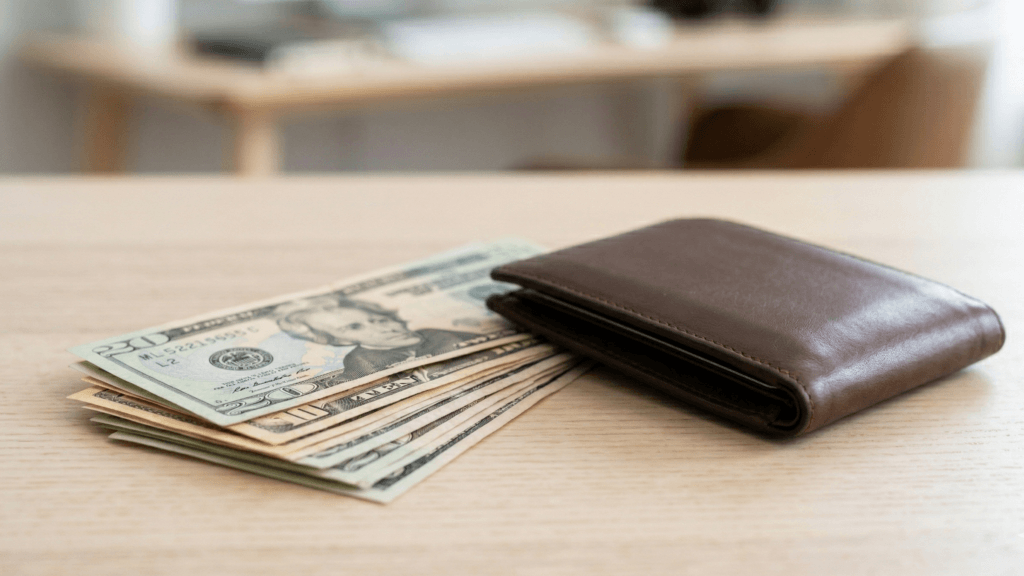 Brown leather wallet with US dollar bills partially visible on a wooden table.