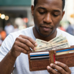 Man in white shirt holding a brown wallet with US dollar bills and credit cards on a city street