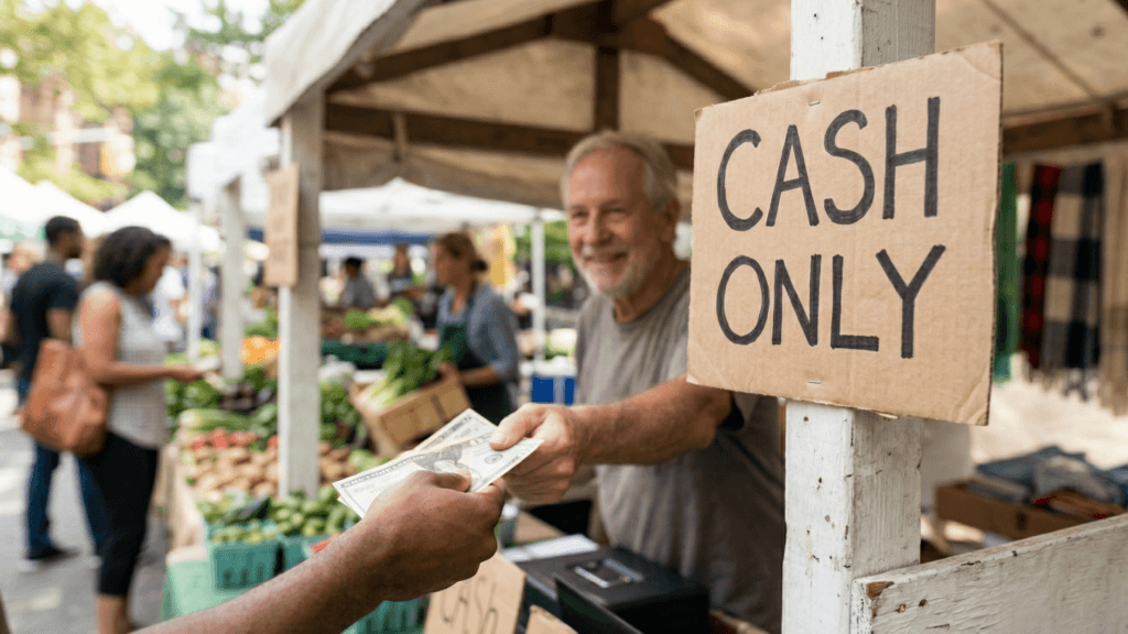 Vendor accepting cash payment at an outdoor farmers market with a "CASH ONLY" sign visible