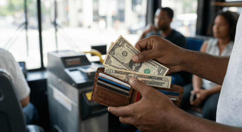 Person holding a wallet with US dollar bills on a bus with passengers in the background