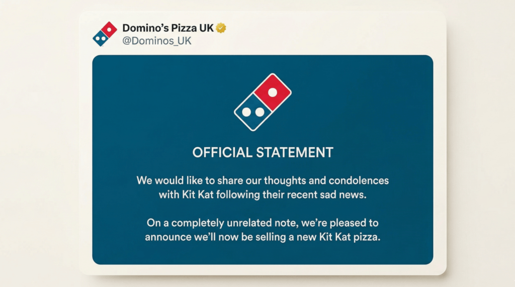 Domino’s Pizza UK official statement expressing condolences to Kit Kat and announcing a new Kit Kat pizza.