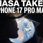 Silhouette of a person looking at Earth from space with text "NASA takes iPhone 17 Pro Max" above.