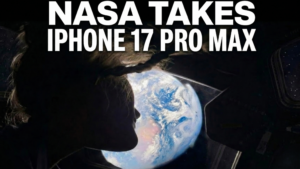 Silhouette of a person looking at Earth from space with text "NASA takes iPhone 17 Pro Max" above.
