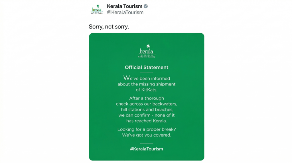 Kerala Tourism official statement denying missing KitKats shipment reached Kerala, promoting proper breaks with #KeralaTourism.