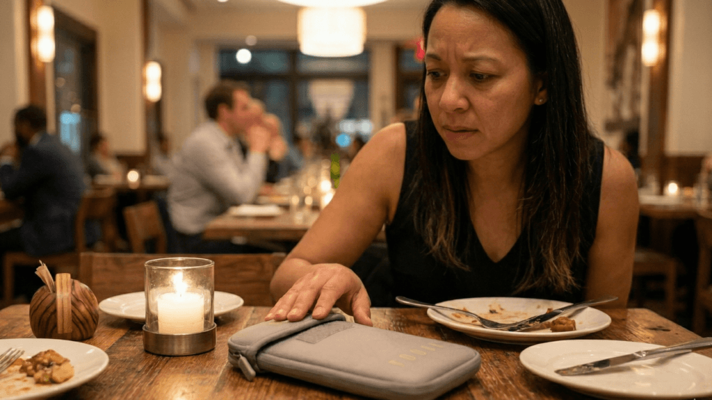 Woman sitting at a restaurant table with a lit candle, empty plates, and a gray pouch in front of her.