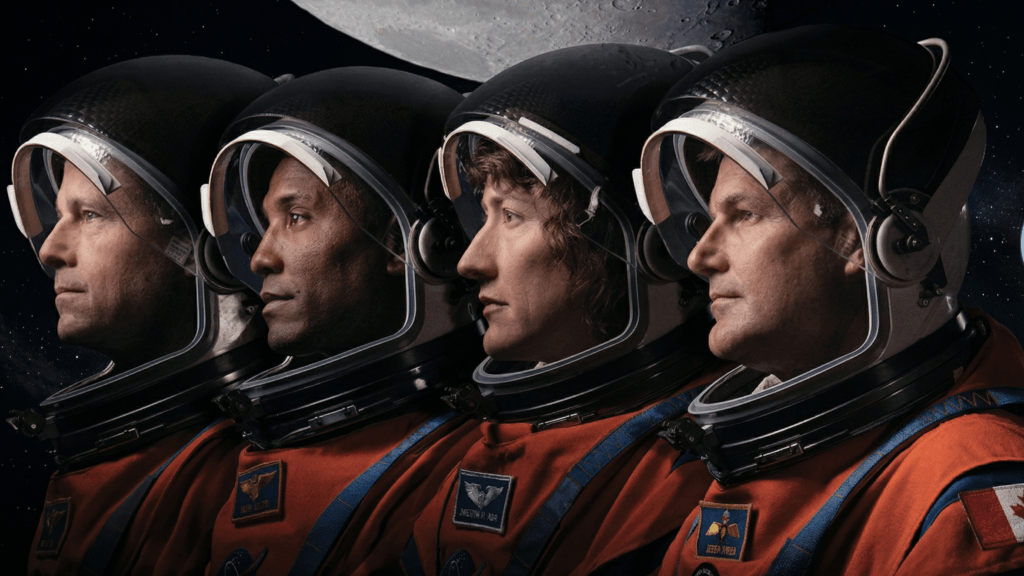 Four astronauts in orange space suits and helmets lined up in profile with the moon in the background