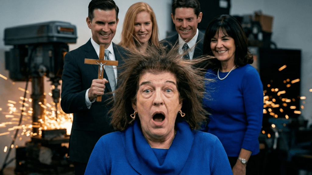 Woman with hair standing on end in front of three smiling people, one holding a crucifix, sparks flying in background